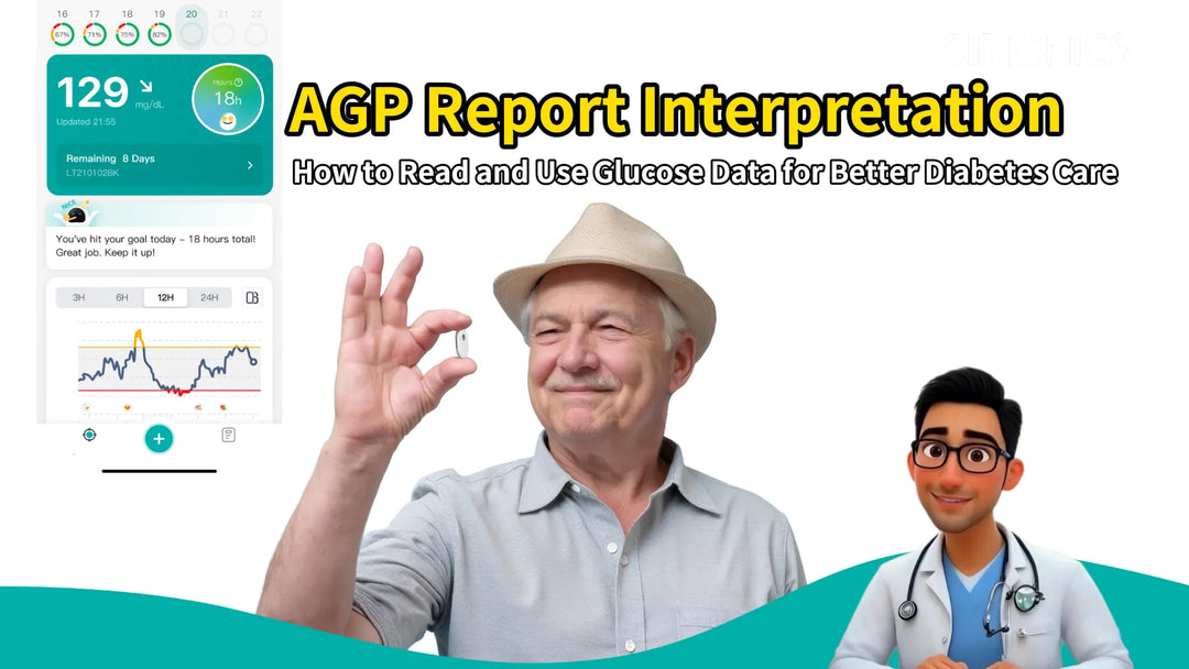 An image showing a person holding a glucose monitor, with a smartphone displaying glucose data and the text 'AGP Report Interpretation' for better diabetes care. Keywords: glucose monitor, diabetes care, AGP report.