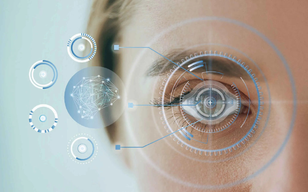Close-up of an eye with digital, tech - inspired graphics overlay. Keywords: eye, technology, digital interface.
