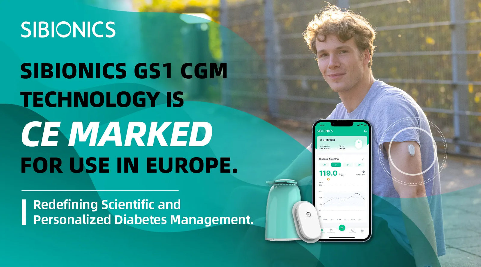 Sibionics GS1 CGM technology with CE mark. Man using smartphone app showing glucose levels. Device on arm. Keyword: blood glucose monitor.