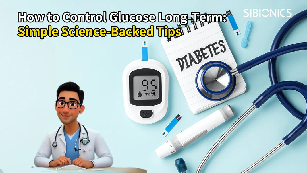 Illustration of a doctor with glucose meter, stethoscope, and diabetes notebook.