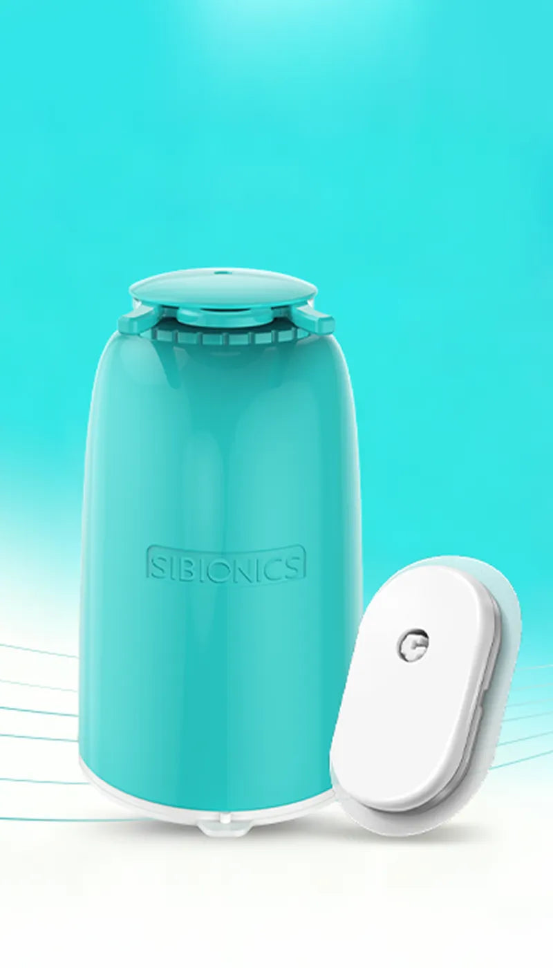 A turquoise Sibionics glucose meter device with a white component beside it, set against a light blue background.
