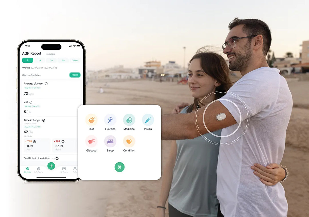 A couple on a beach with a glucose monitor on the man's arm. A smartphone shows an ACP report with glucose stats. Includes icons for diet, exercise, etc. Keywords: Sibionics glucose monitor, beach, health tracking.