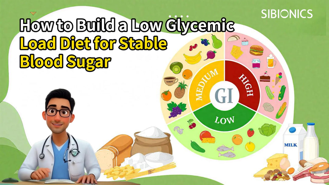 An illustration titled "How to Build a Low Glycemic Load Diet for Stable Blood Sugar" with a GI chart. Includes a doctor, food items, and the brand "Sibionics". Keywords: low glycemic diet, blood sugar, GI chart, Sibionics.