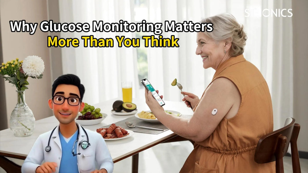 An elderly woman uses a glucose monitor app on her phone while eating. A doctor and text highlight glucose monitoring's importance.