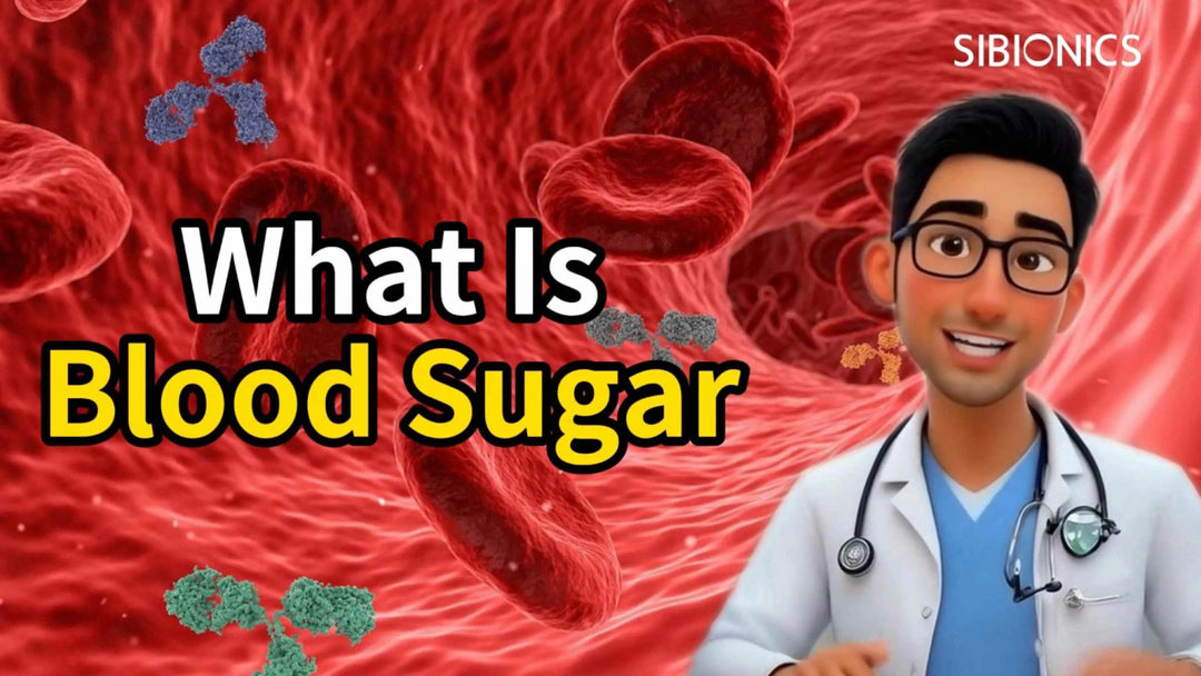 Illustration of a doctor explaining blood sugar with red blood cells and antibodies. Text: "What Is Blood Sugar." Brand: Sibionics.