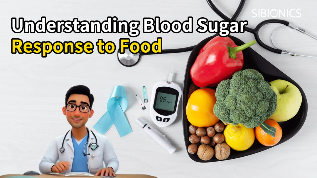 A Sibionics blood glucose monitor, medical items, and healthy foods.