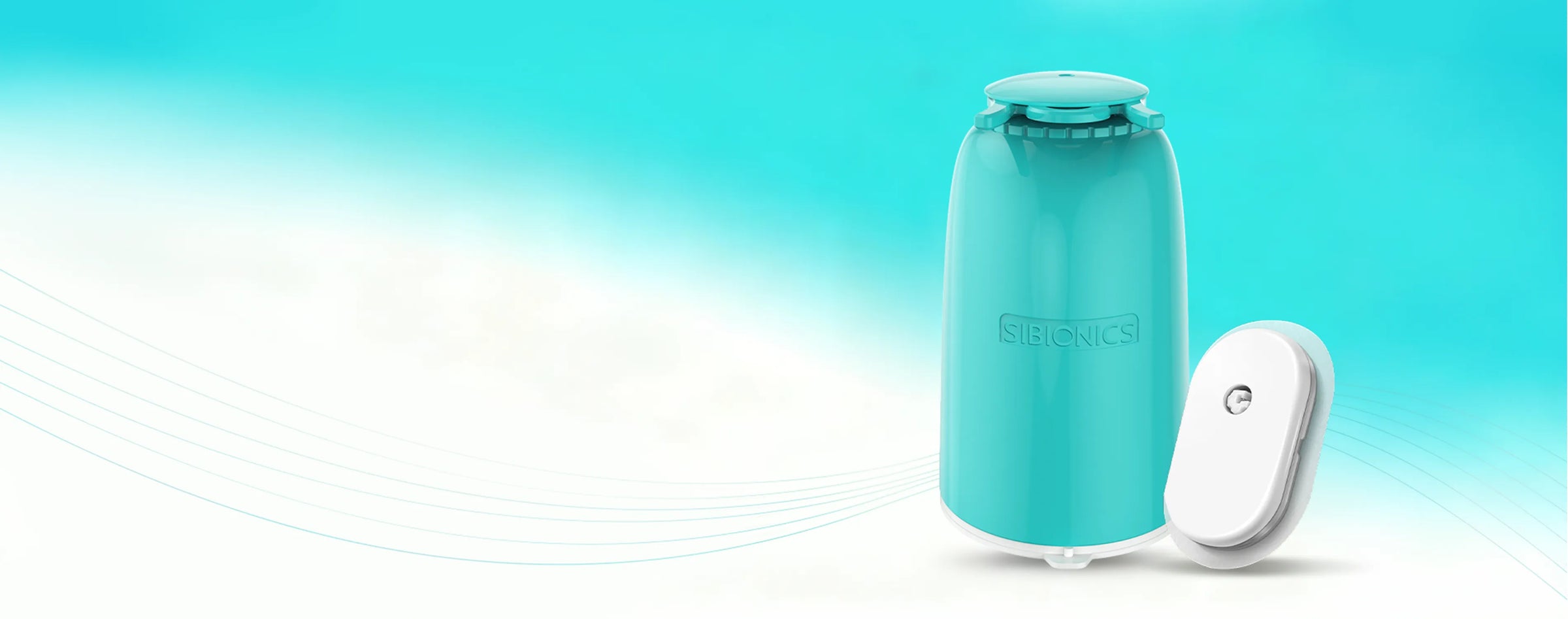 A teal glucose monitor by Sibionics with text: "Accurate Real-Time Glucose Monitoring" and "Painless, Continuous Tracking with Smart App Sync".