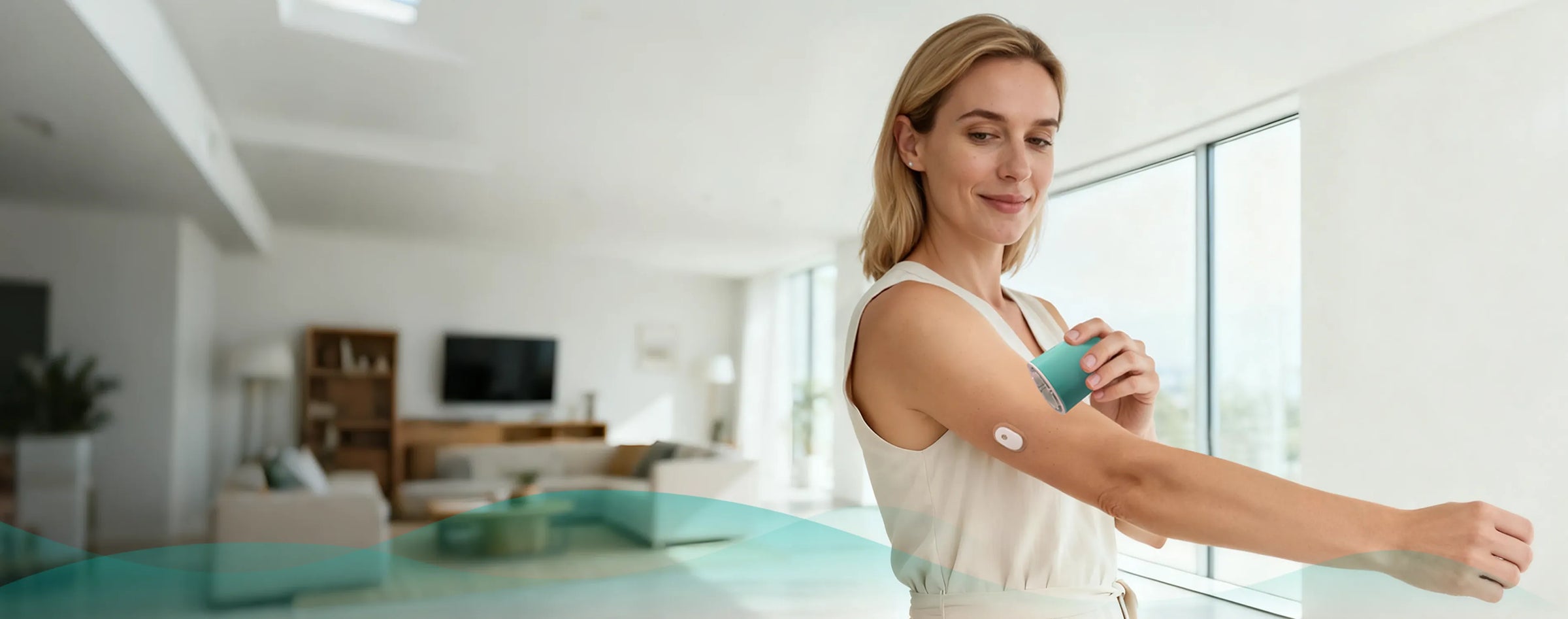 A woman uses a Sibionics glucose monitor. The text reads 'Take Control of Your Glucose Anytime, Anywhere' and 'Compact, Convenient, and Designed for Your Daily Life.'